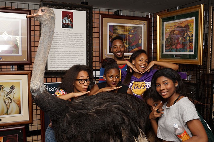 A group of six people poses playfully with a large ostrich in front of colorful artwork. The scene captures a fun and lively atmosphere.