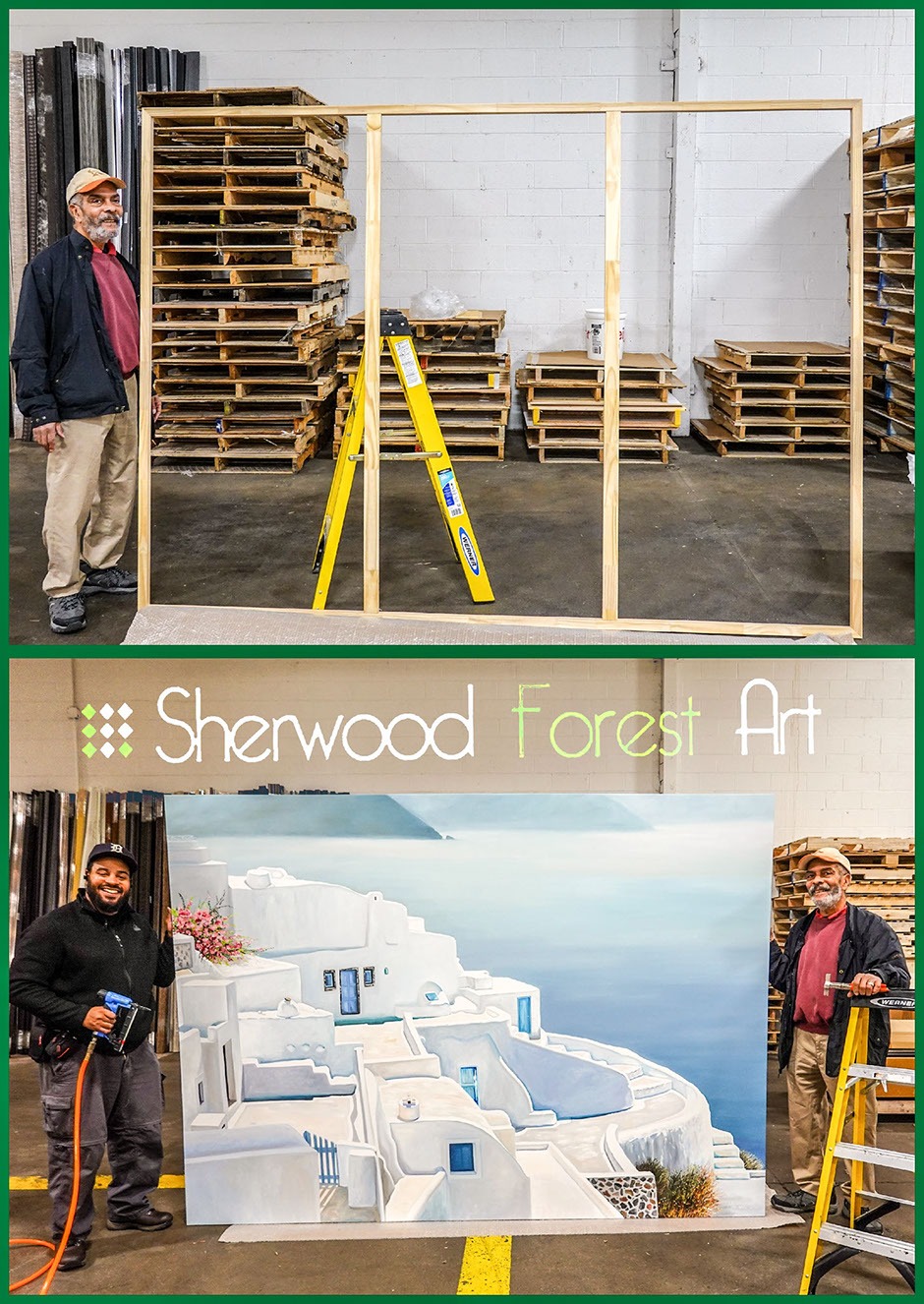 Two artists stand beside a large, vibrant mural of a coastal village. One is holding a framing tool, while the other smiles proudly next to the artwork.