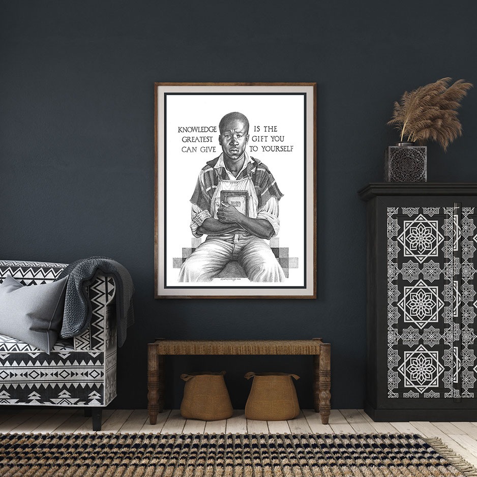A framed black-and-white artwork on a dark wall shows a young man seated with a book, reflecting the quote, "Knowledge is the greatest gift you can give to yourself."