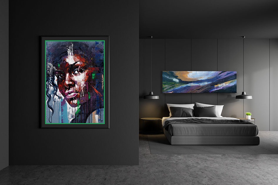 Poster in gray master bedroom interior