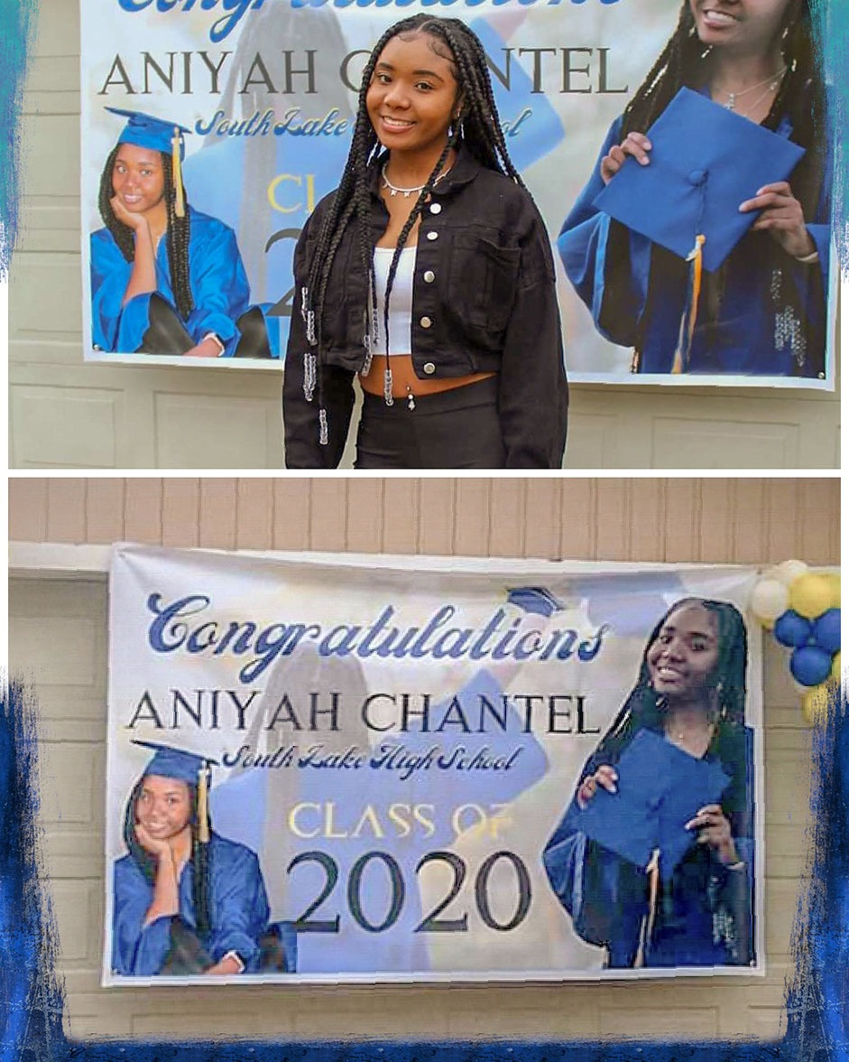 Graduation celebration for Aniayah Chantel, featuring a banner with her photos in cap and gown, highlighting her achievement from South Lake High School, Class of 2020.